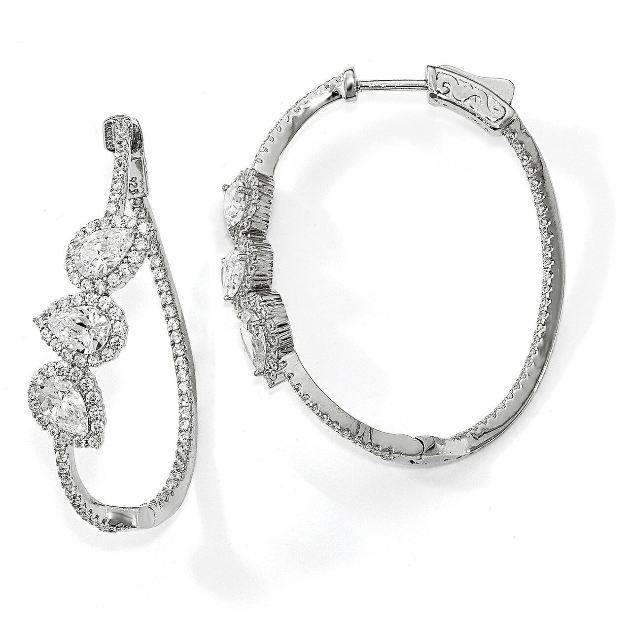 Curvy Pear Halo CZ In and Out Oval Hoop Earrings Sterling Silver Polished QE13029, MPN: QE13029, 88…