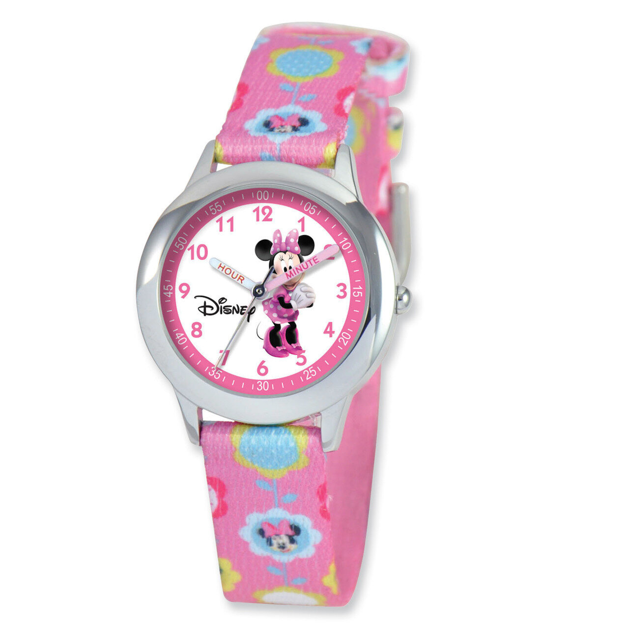 Disney Kids Minnie Mouse Printed Fabric Band Time Teacher Watch XWA3587