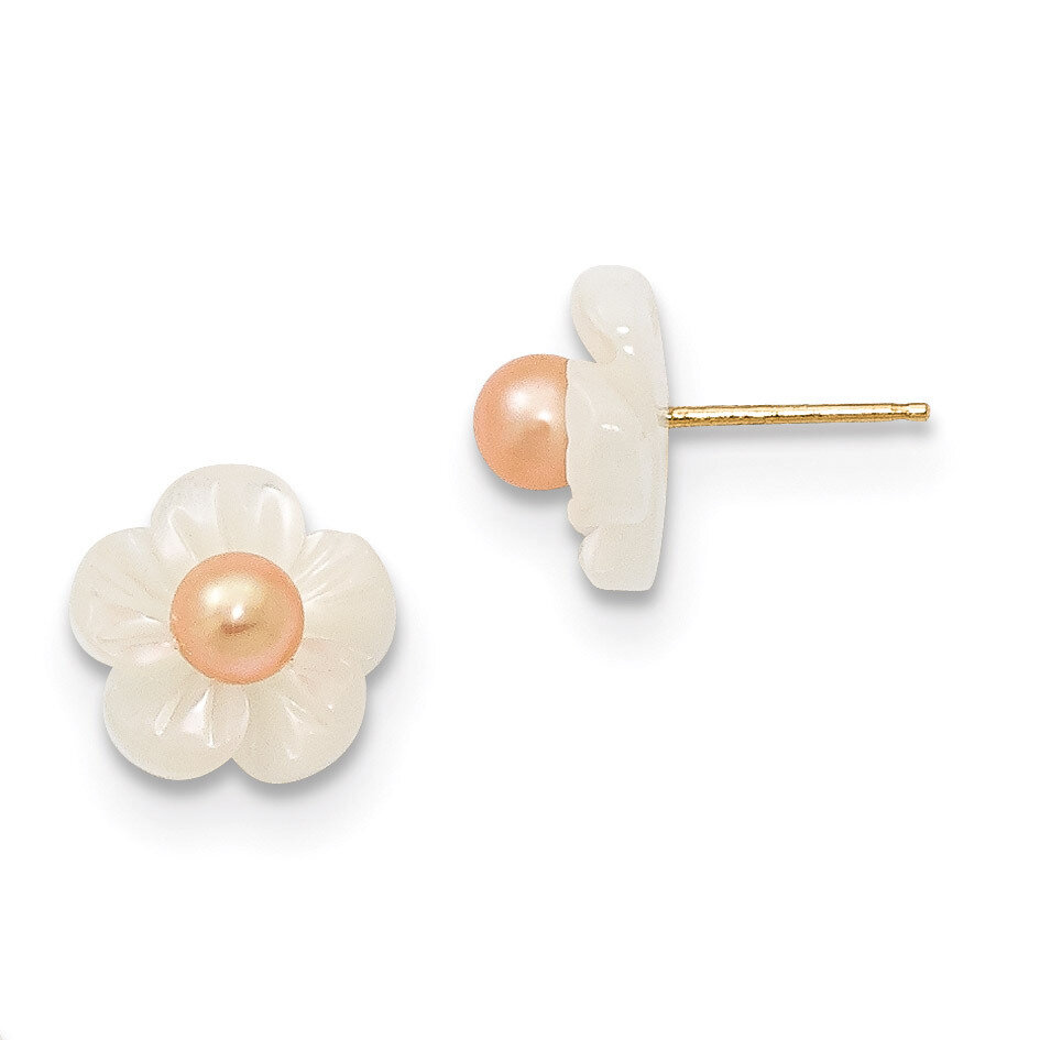 3-4Mm Pink Cultured Pearl with 10Mm Mop Flower Post Stud Earrings 14k Gold XF592EP