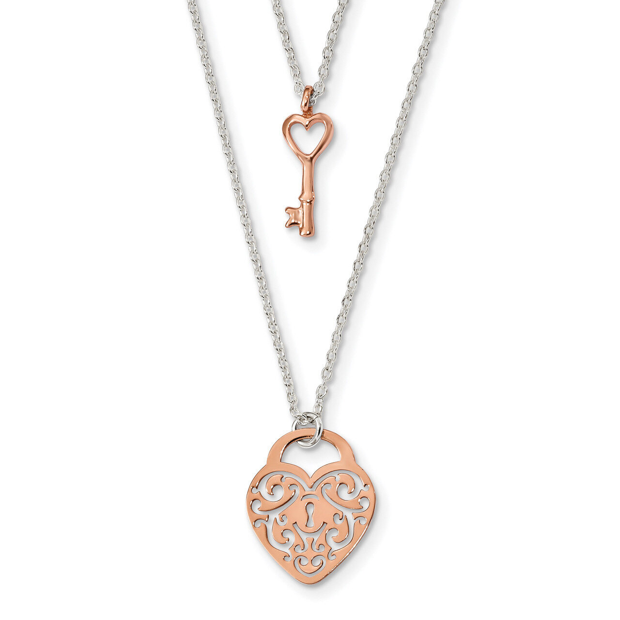 Rose-Tone Heart Lock Key 16 Inch Necklace Sterling Silver QG4350-16, MPN: QG4350-16, 886774117201