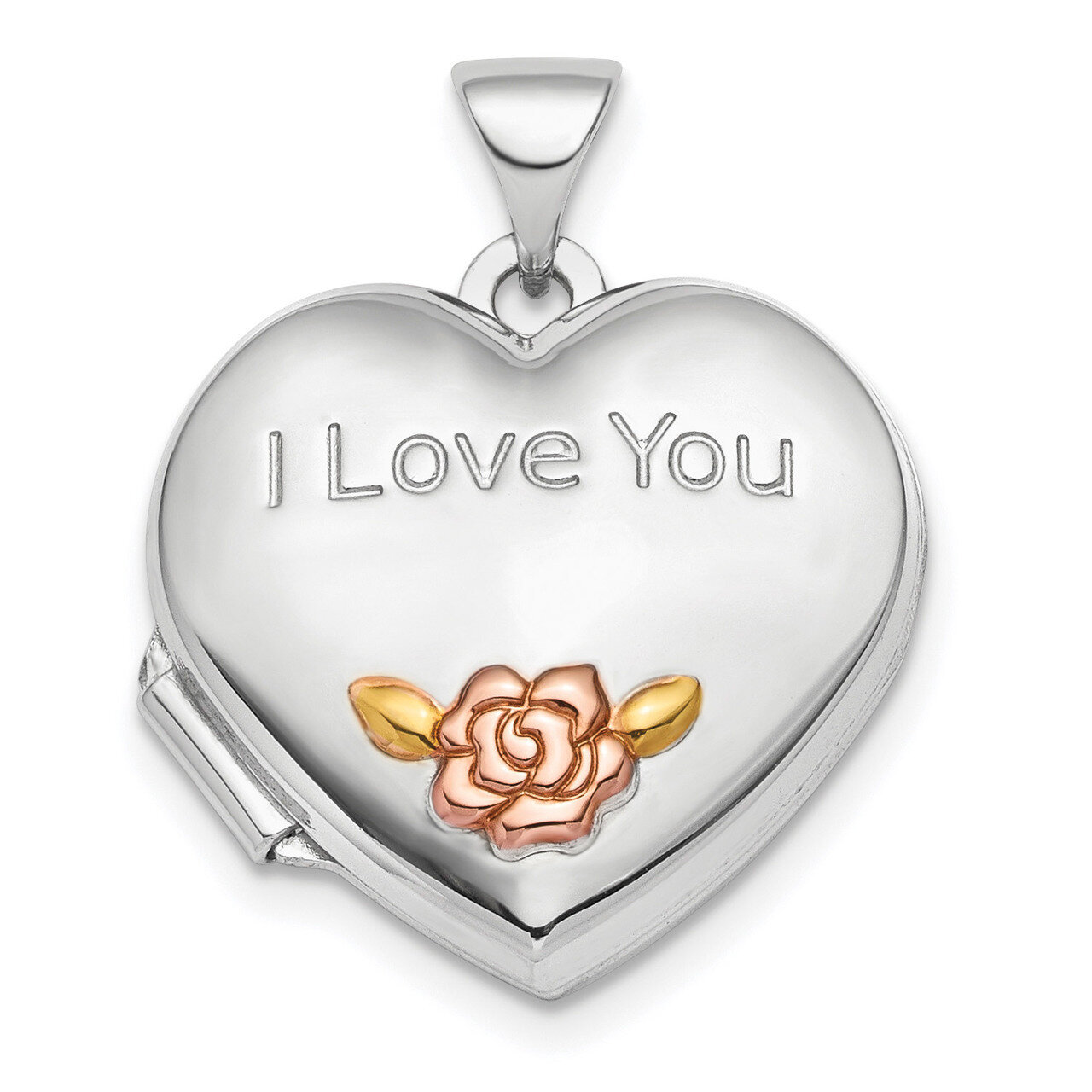 Sterling Silver Rhodium-Plate Rose &amp; Gold-Tone Flower I Love You Locket Sterling Silver Rhodium Eng…