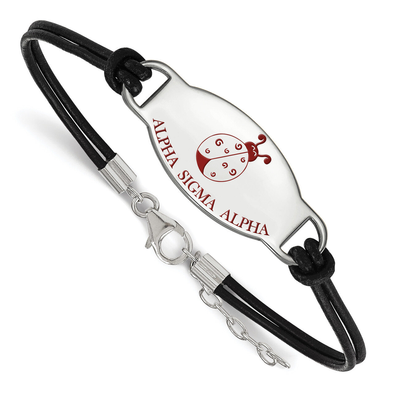 Alpha Sigma Alpha Enameled Oval Blk Leather Bracele - Sterling Silver SS018ASI-BK-7