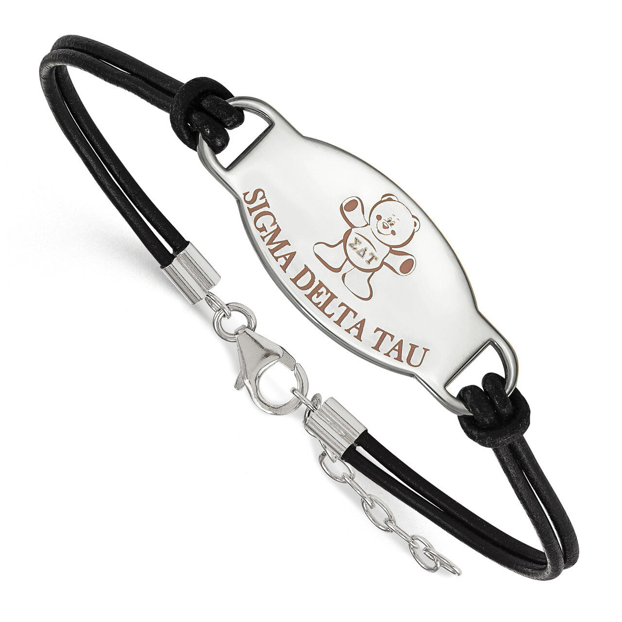 Sigma Delta Tau Enameled Oval Black Leather Bracele - Sterling Silver SS018SDT-BK-7