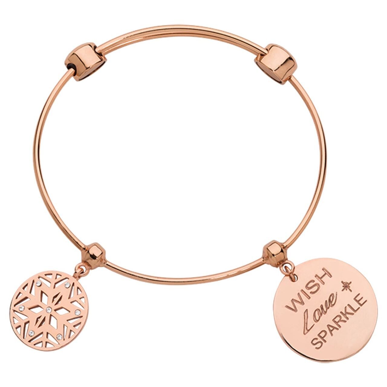Nikki Lissoni Charm Bangle with Two Fixed Charms Snowflake Wish Love Sparkle Rose Gold-plated 21cm B1163RG21