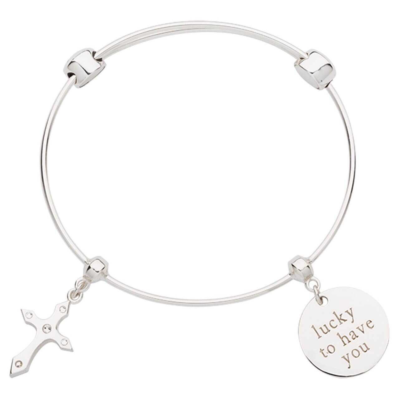 Nikki Lissoni Charm Bangle with Two Fixed Charms Cross Lucky To Have You Silver-plated 19cm B1159S19