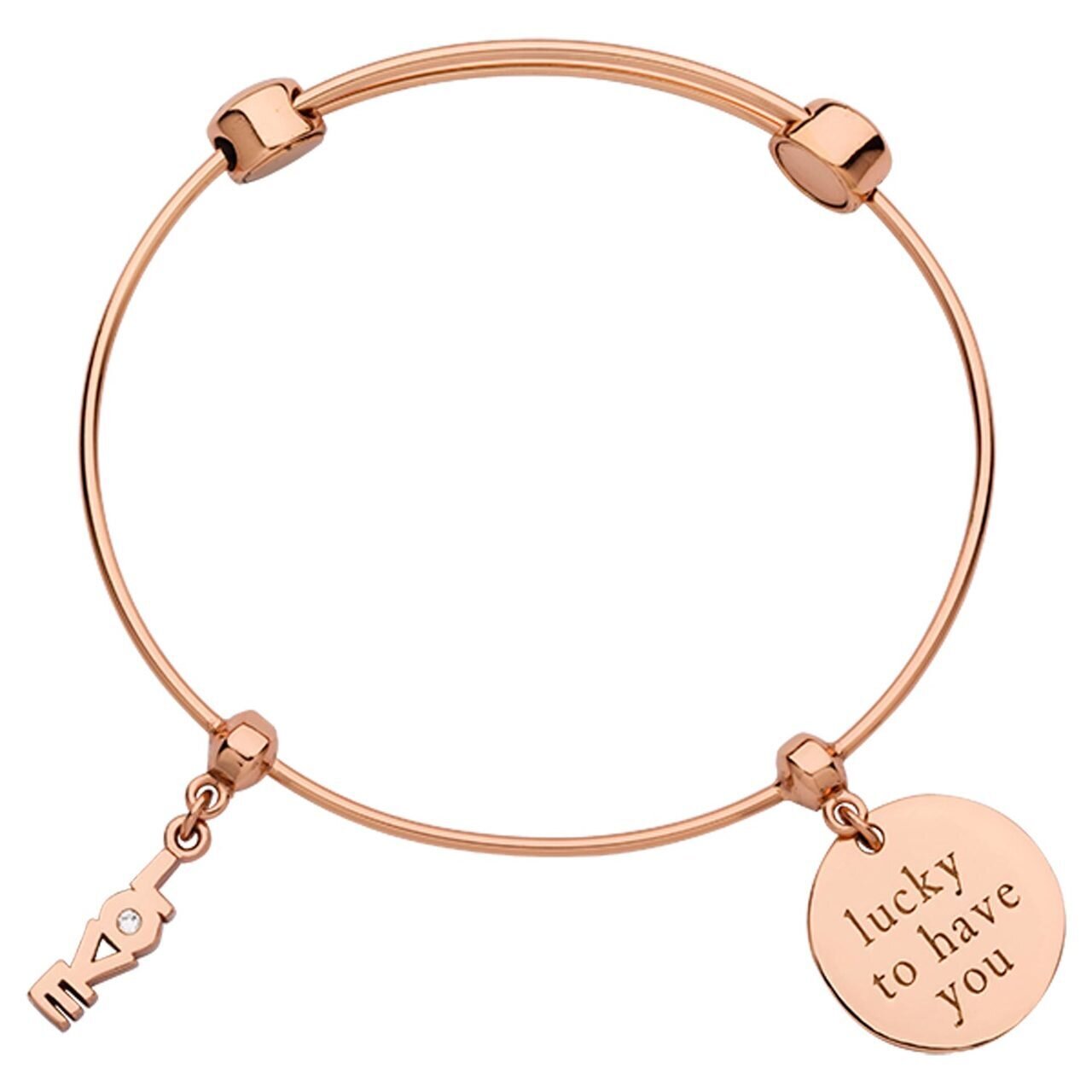 Nikki Lissoni Charm Bangle with Two Fixed Charms Love Lucky To Have You Rose Gold-plated 17cm B1158RG17