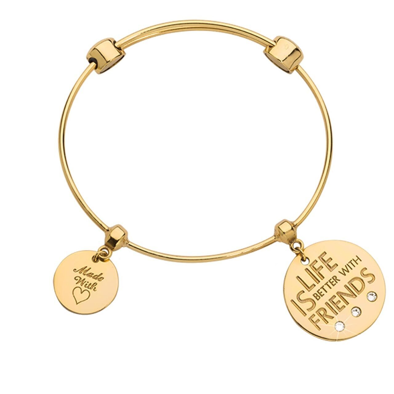Nikki Lissoni Charm Bangle with Two Fixed Charms Life Is Better with Friends Made with Love Gold-pl…