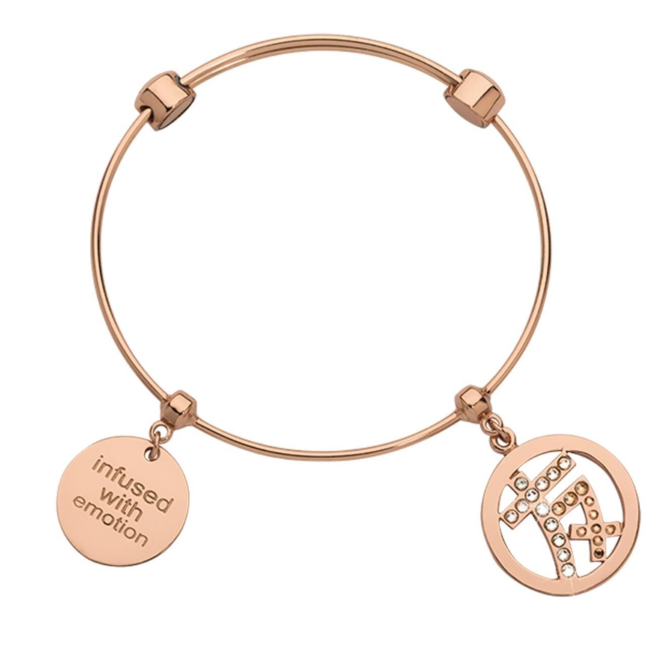 Nikki Lissoni Charm Bangle with Two Fixed Charms Infused with Emotion By Chinese Sign For Friendship Rose Gold-plated 17cm B1151RG17