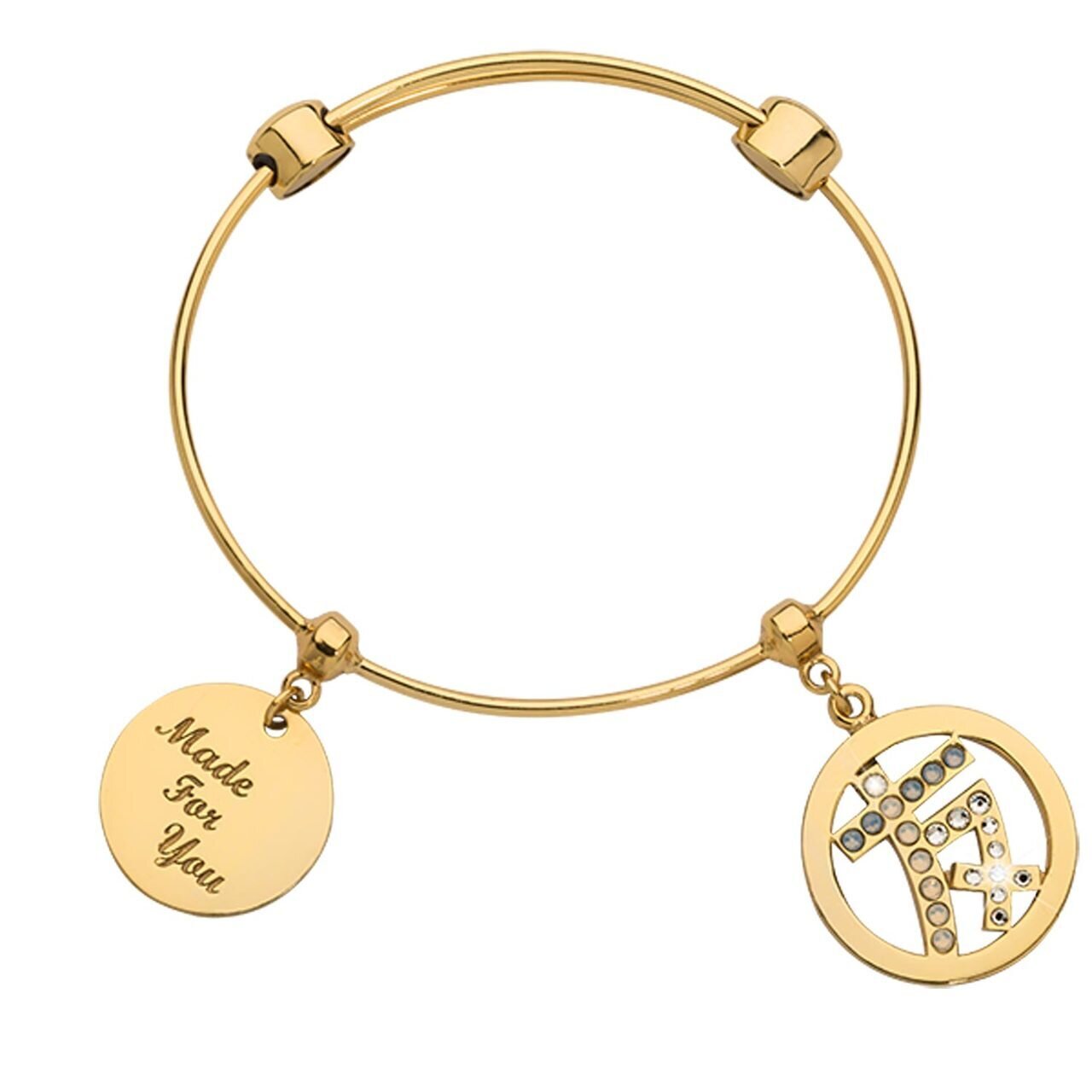 Nikki Lissoni Charm Bangle with Two Fixed Charms Infused with Emotion By Chinese Sign For Friendship Gold-plated 19cm B1150G19