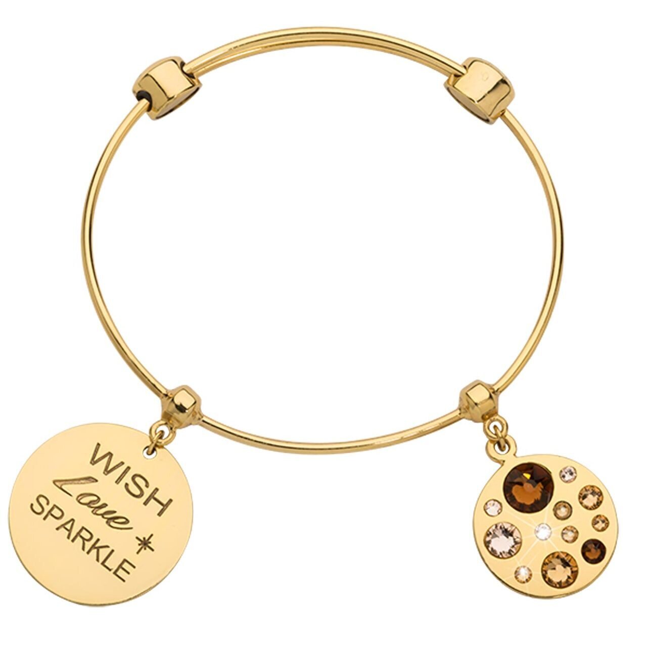 Nikki Lissoni Charm Bangle with Two Fixed Charms Wish Love Sparkle Sparkling Beauty In Bronze Gold …