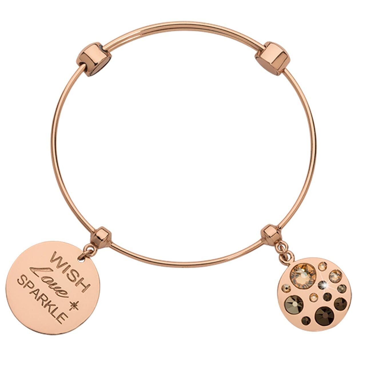 Nikki Lissoni Charm Bangle with Two Fixed Charms Wish Love Sparkle Sparkling Beauty In Peach Black …