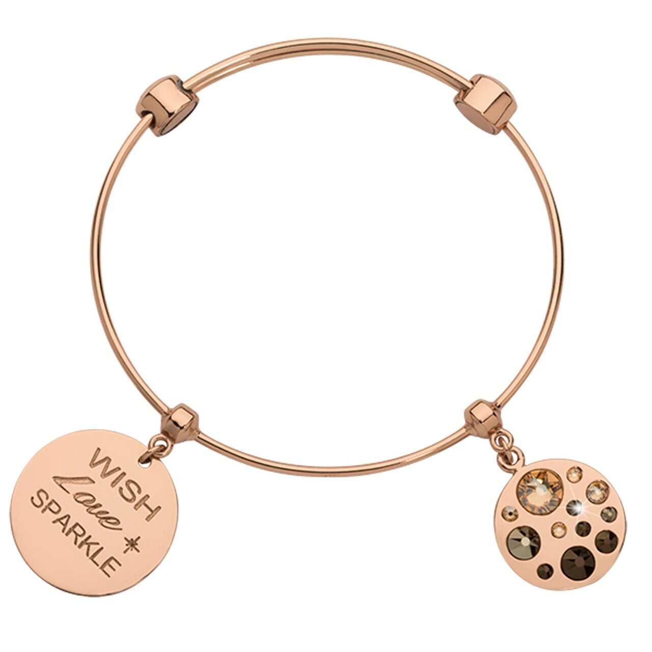 Nikki Lissoni Charm Bangle with Two Fixed Charms Wish Love Sparkle Sparkling Beauty In Peach Black Rose Gold-plated 17cm B1143RG17