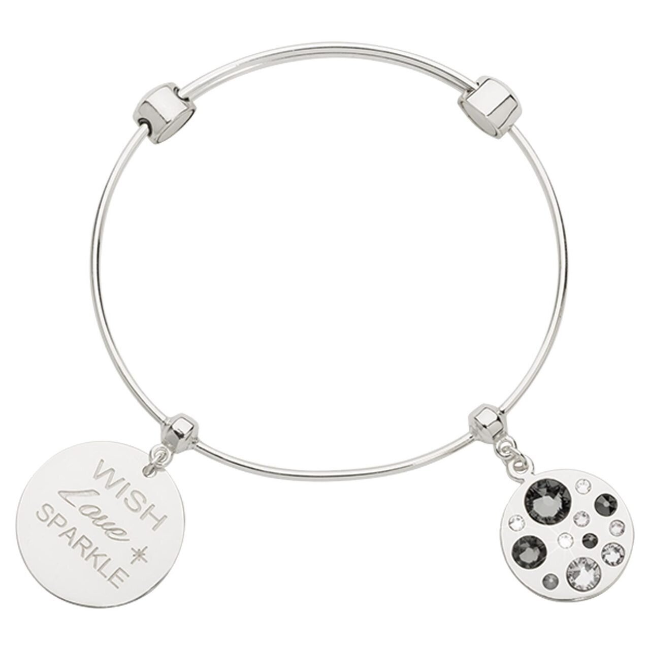 Nikki Lissoni Charm Bangle with Two Fixed Charms Wish Love Sparkle Sparkling Beauty In Grey Clear Black Silver-plated 17cm B1143S17