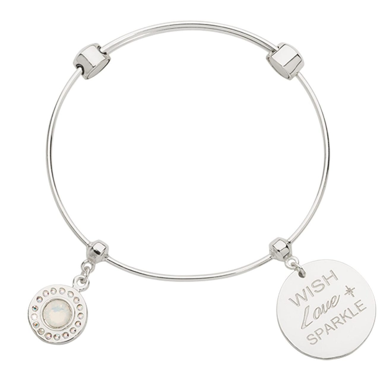 Nikki Lissoni Charm Bangle with Two Fixed Charms White Opal Wish Love Sparkle Silver-plated 19cm B1…