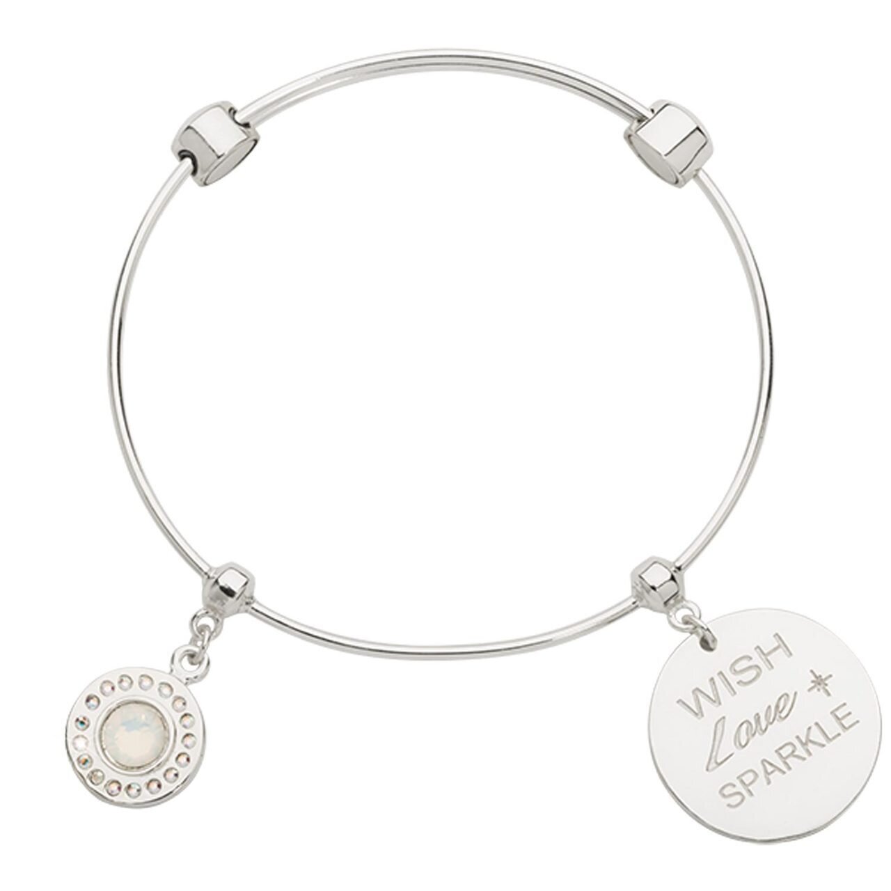 Nikki Lissoni Charm Bangle with Two Fixed Charms White Opal Wish Love Sparkle Silver-plated 17cm B1142S17