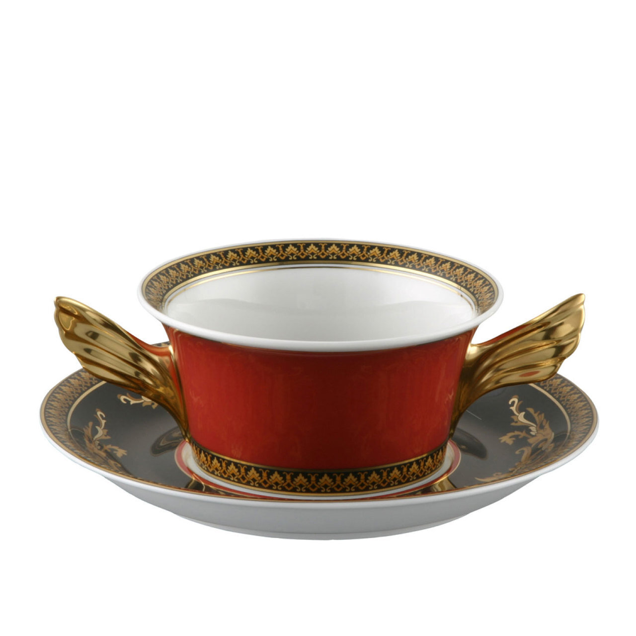 Versace Medusa Red Cream Soup Cup and Saucer 6 3/4 Inch 10 oz.