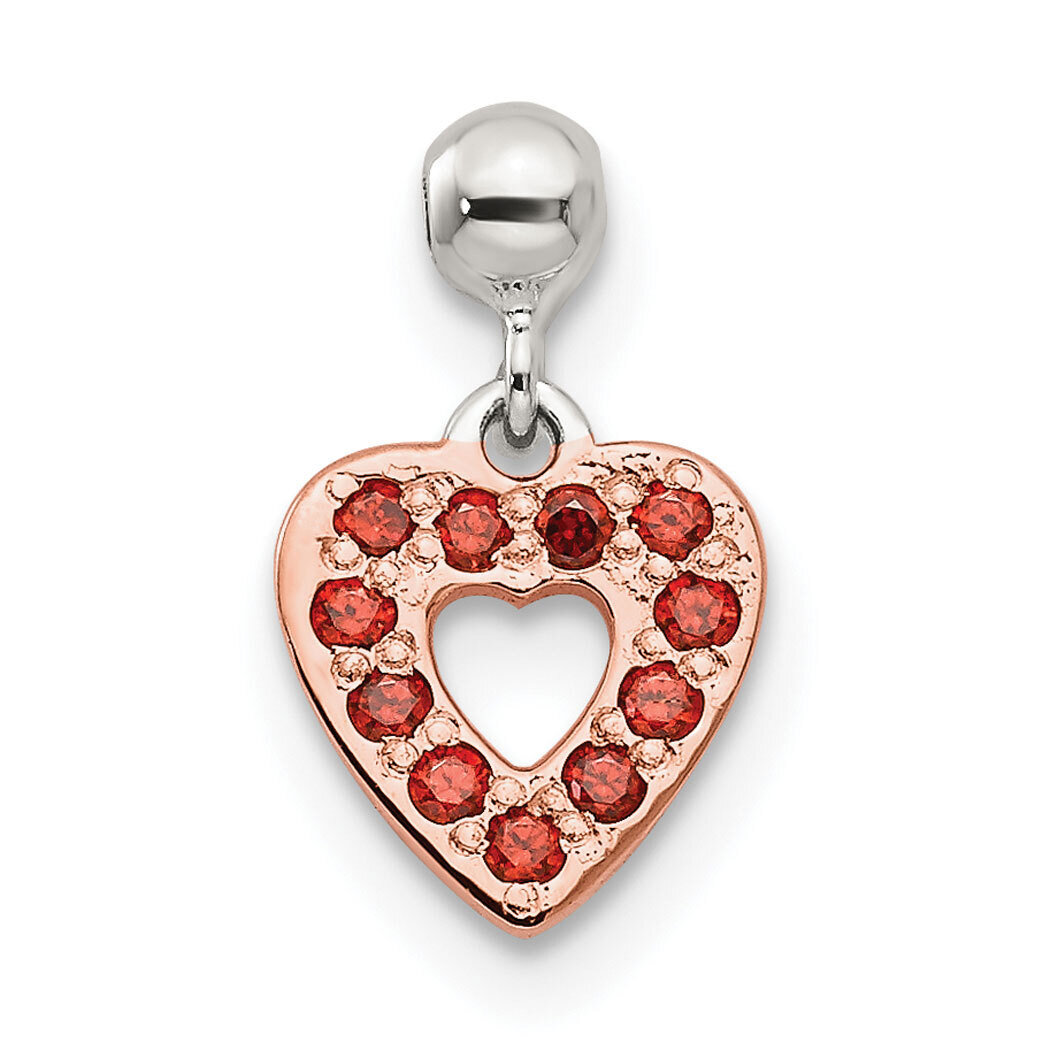 Rose Tone with Red CZ Diamond Dangle Heart Charm Sterling Silver Mio Memento QMM185, MPN: QMM185,