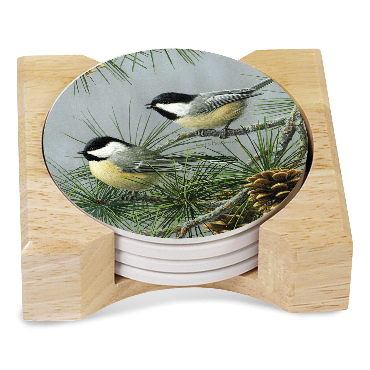 Chickadees Set of Four Coasters with Holder GM18157
