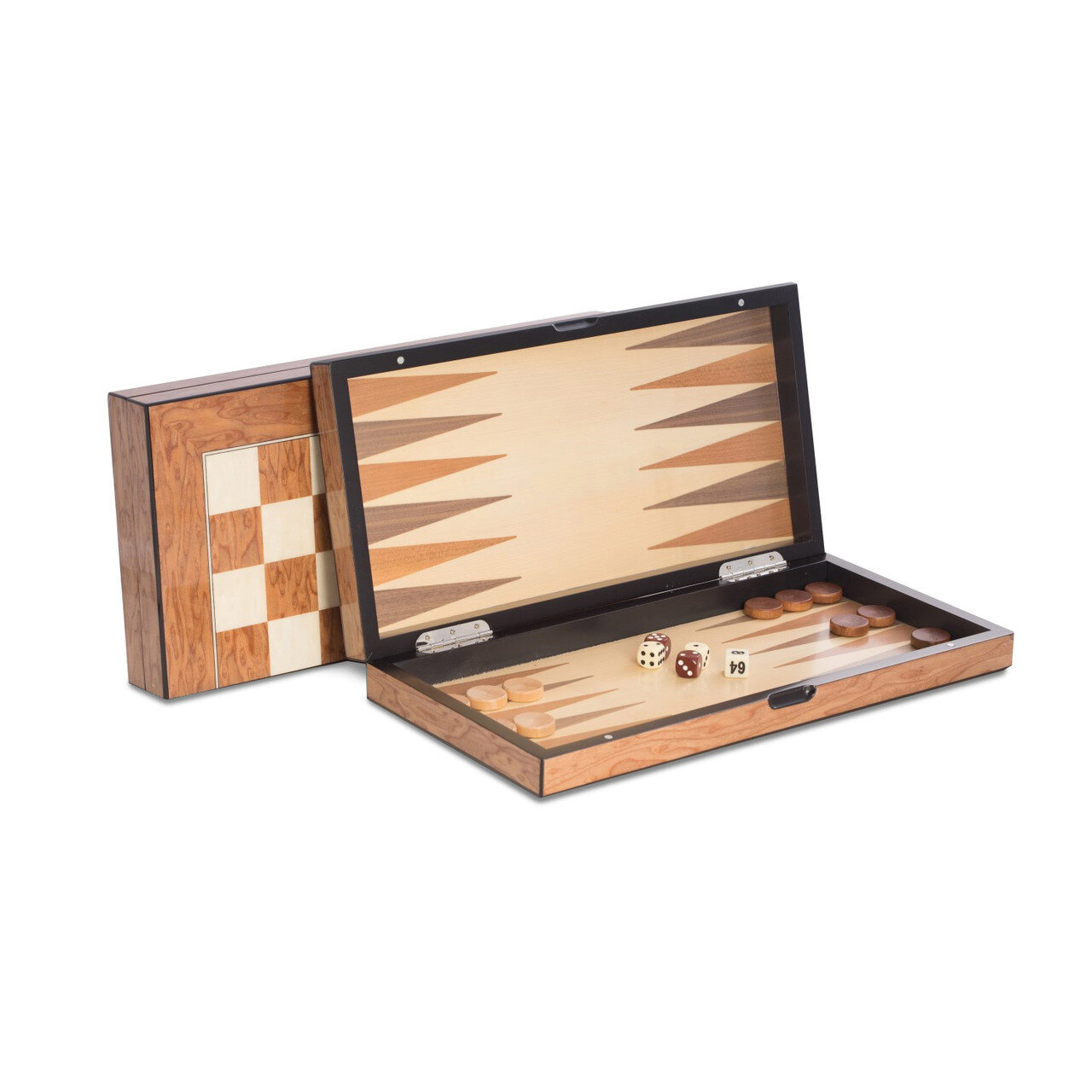 Brown Inlaid Wood Backgammon, Chess, & Checkers Set GM18373