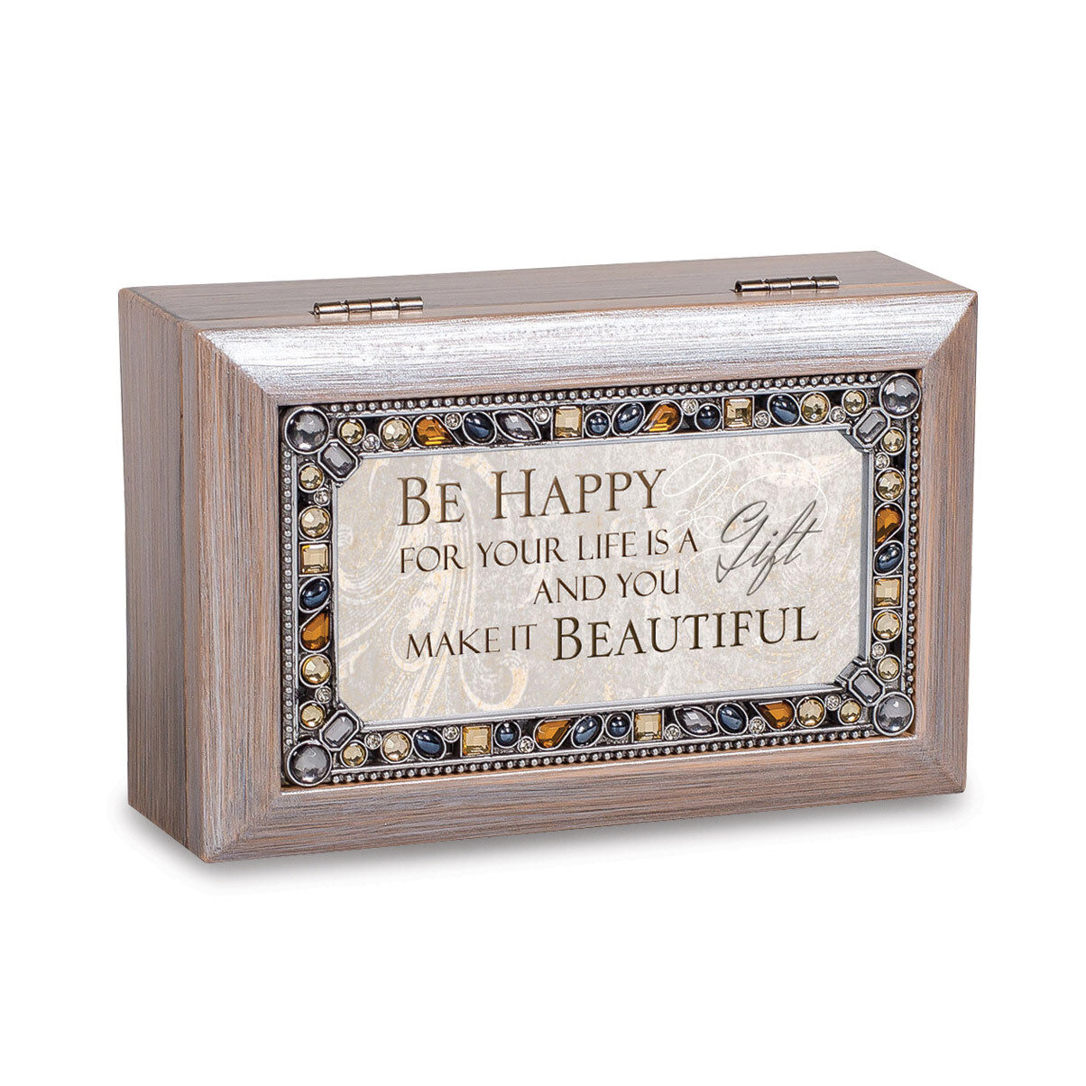 Be Happy Music Box Jeweled Woodgrain Resin GM18593