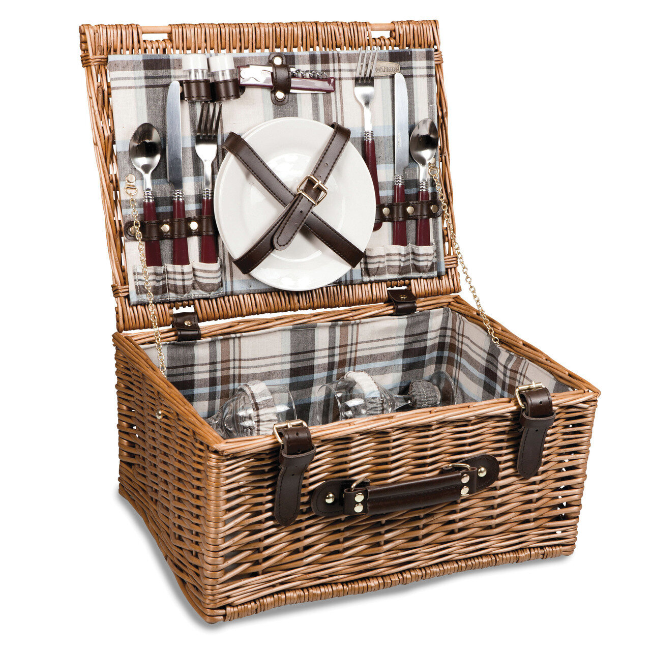 Bristol Blue Plaid English Style Willow Picnic Basket GM20050