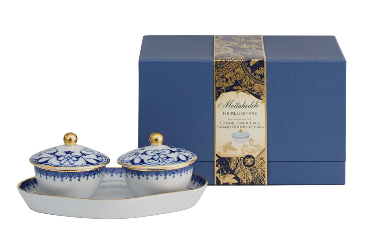 Mottahedeh Cobalt Blue Lace Two Votives with Tray S1664V