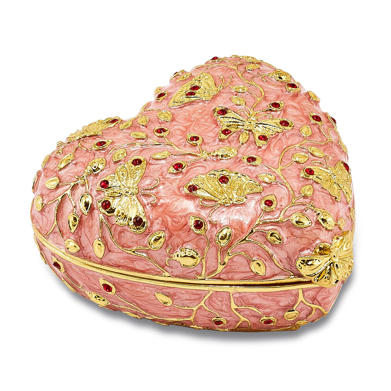 Red Crystal Gold-tone Butterfly Pink Heart Trinket Box Enamel on Pewter by Jere