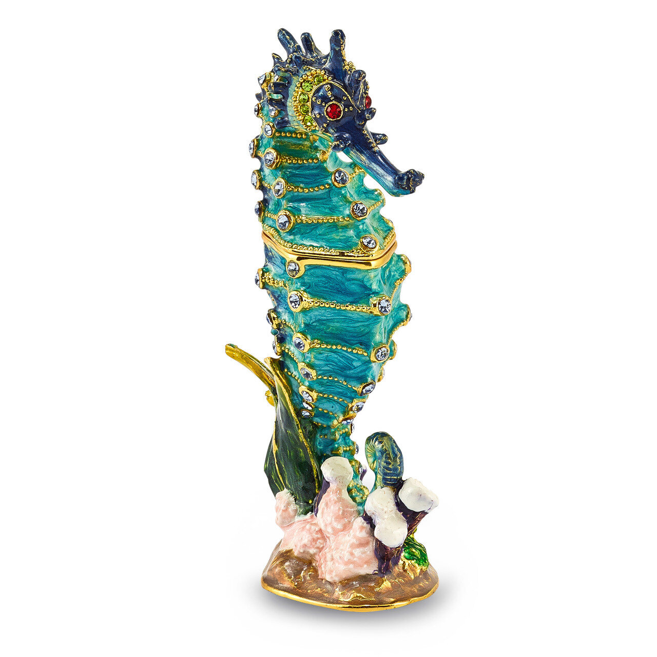 Aqua Seahorse Trinket Box Crystal Enameled on Pewter by Jere