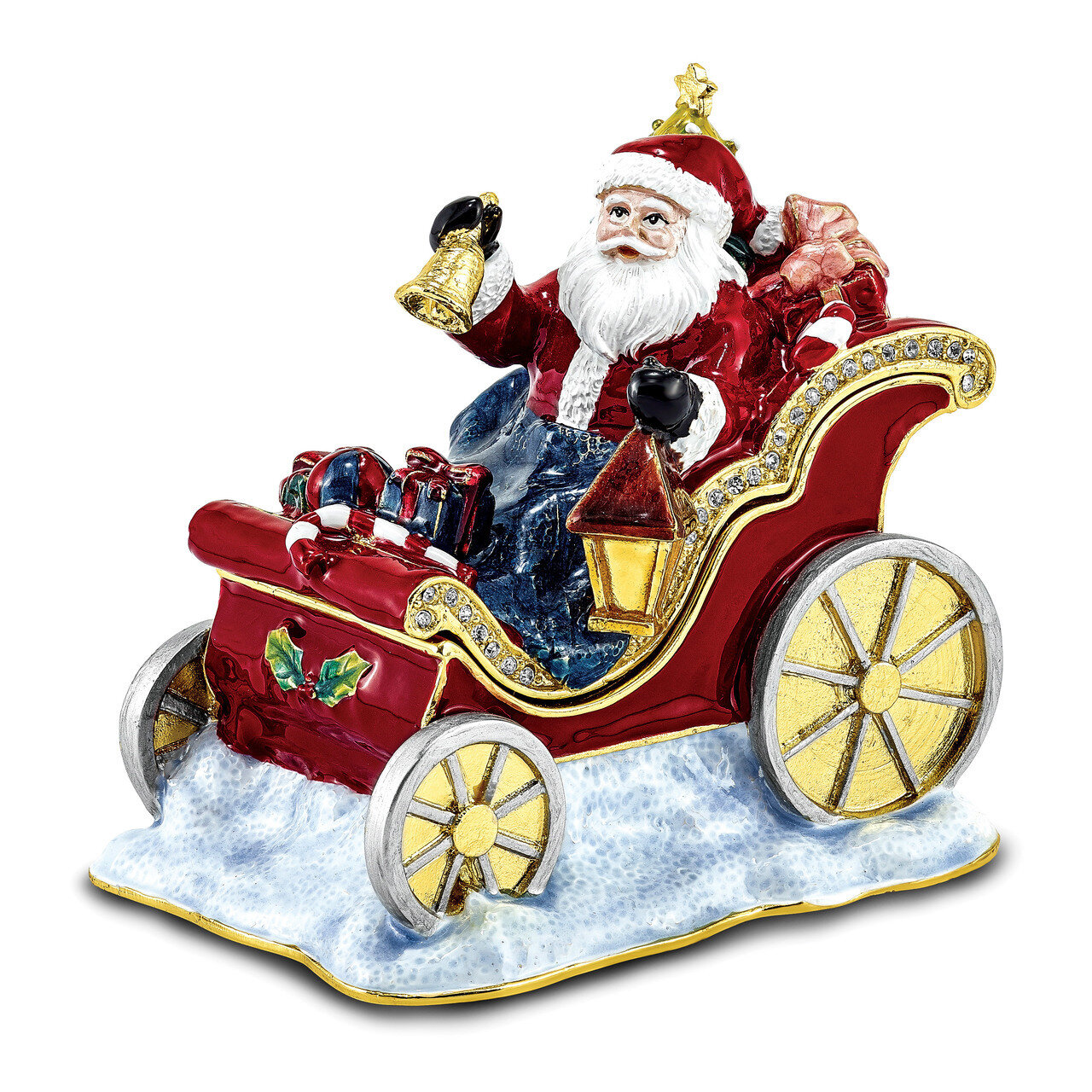 Santa in Sleigh Trinket Box Crystal Enameled on Pewter by Jere
