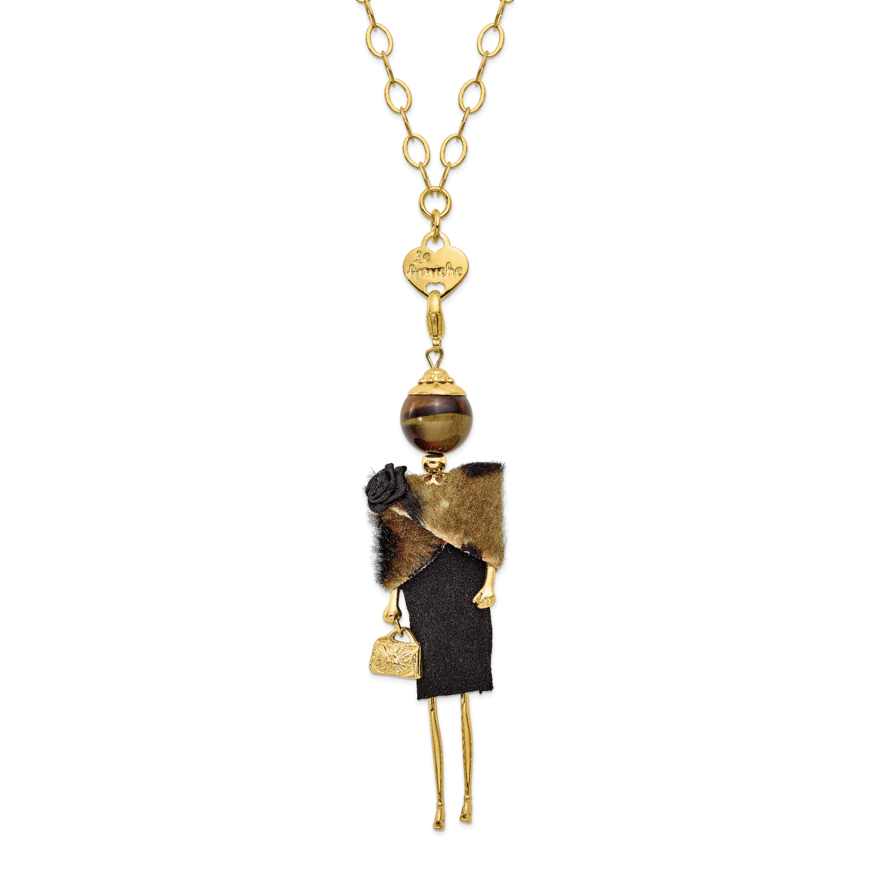 Tiger Eye Black and Tan Fur Doll Charm with Chain Le Amiche Gold-tone by Jere, MPN: JDN106-31,