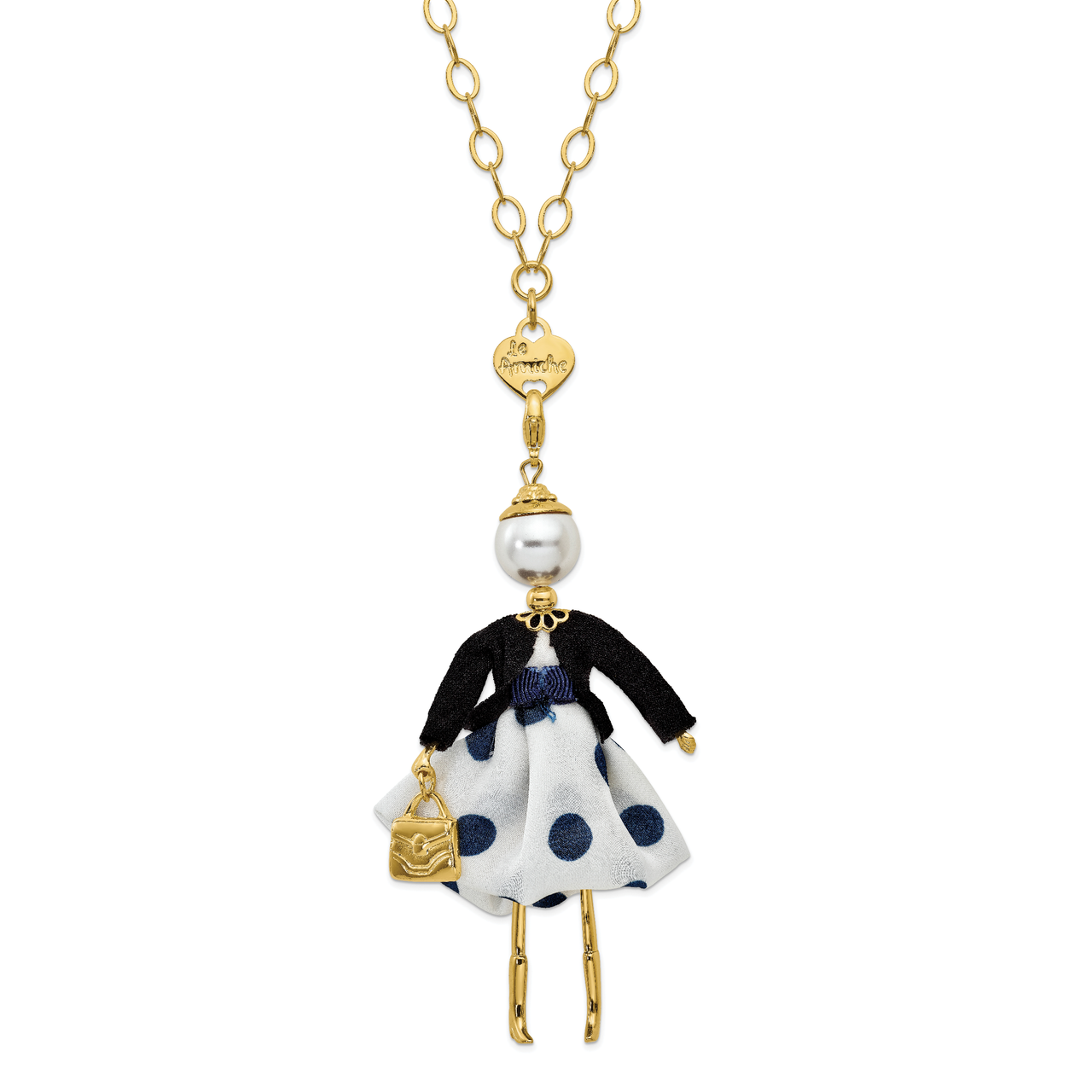 Swar Sim.Pearl Blue Polka dot Doll Charm with Chain Le Amiche Gold-tone by Jere, MPN: JDN113-31,