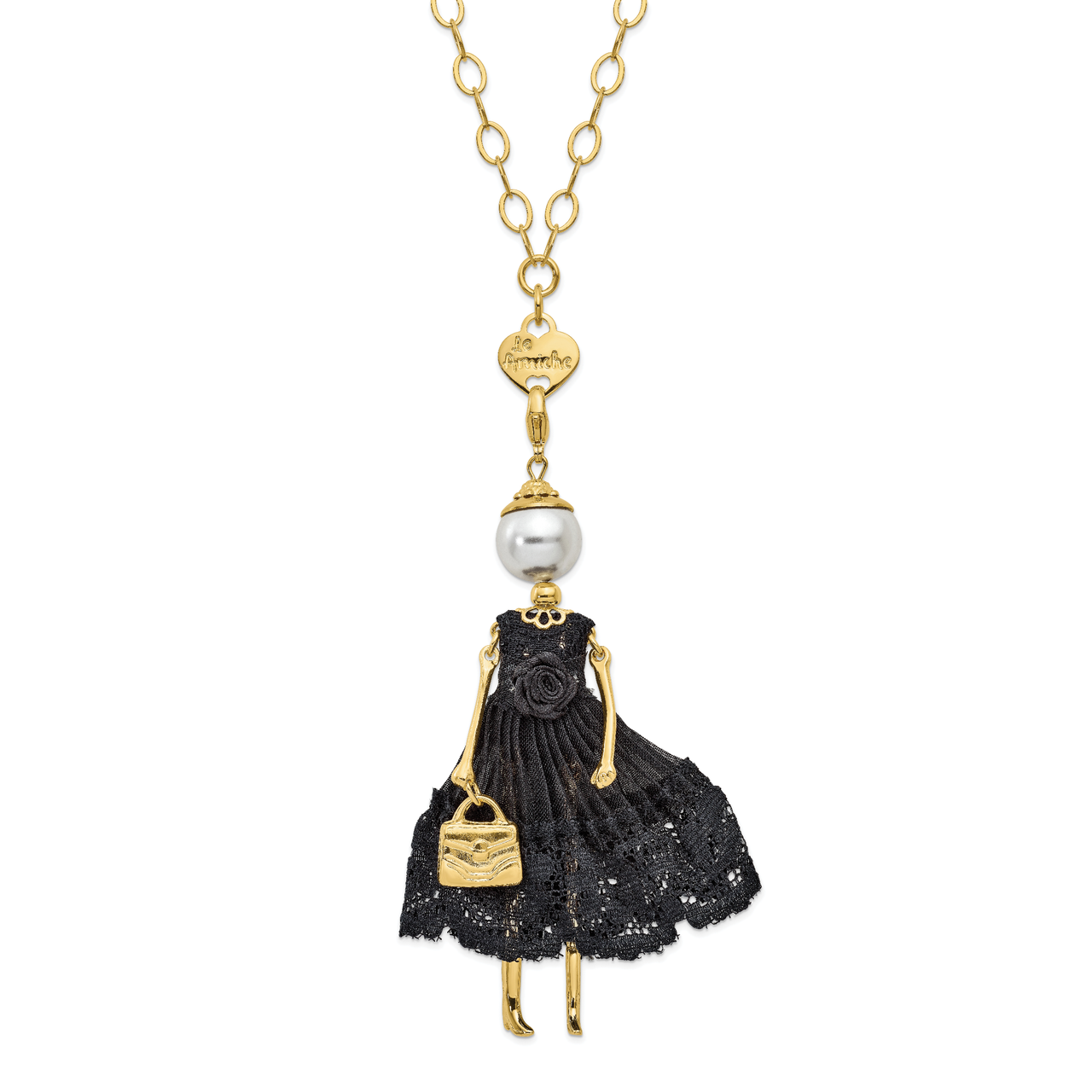 Swar Sim.Pearl Black Lace Doll Charm with Chain Le Amiche Gold-tone by Jere