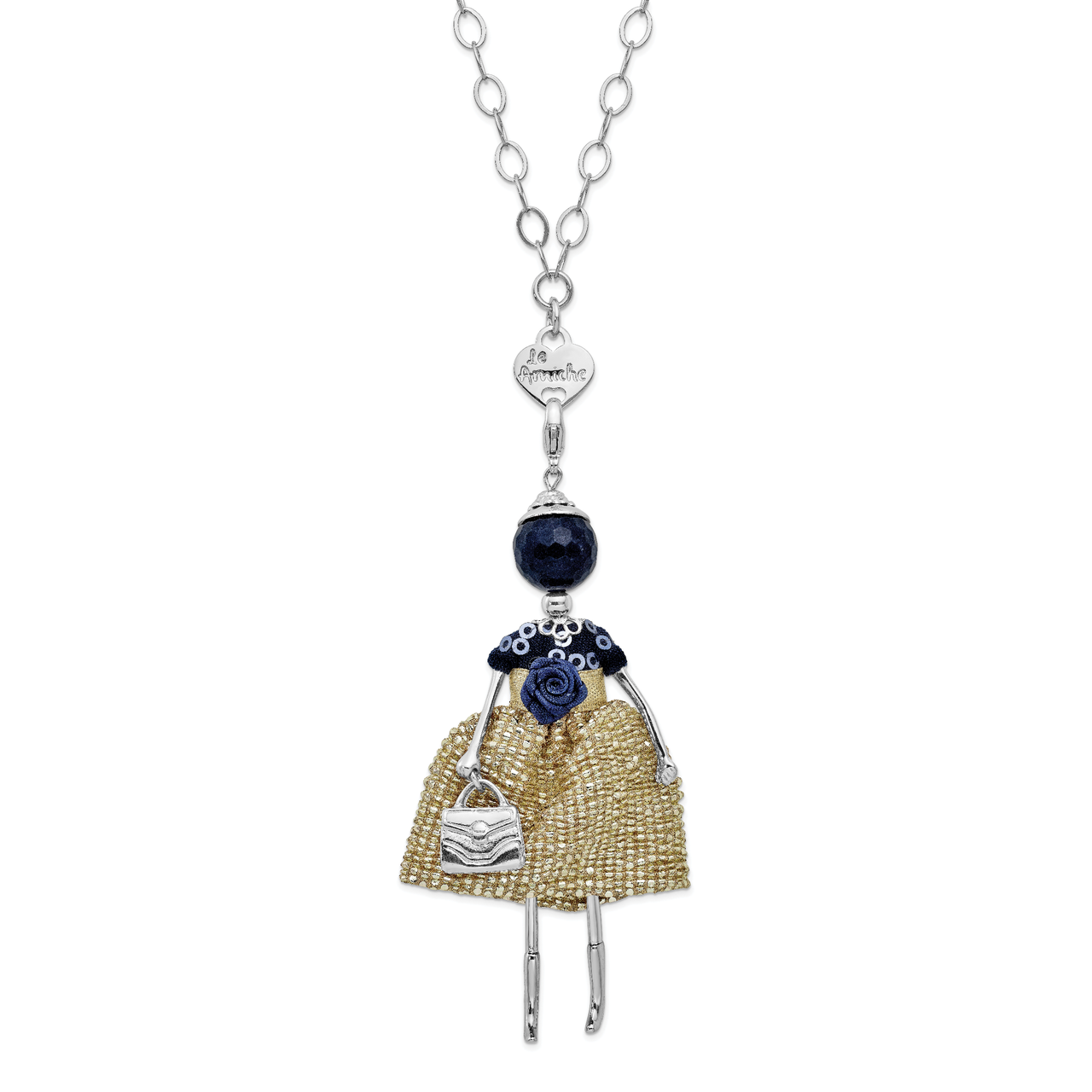 Blue Jade Golden Dress Doll Charm with Chain Le Amiche Silver-tone by Jere