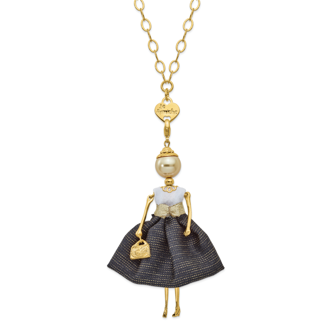 Golden Swar Sim.Pearl Black White Doll Charm with Chain Le Amiche Gold-tone by Jere