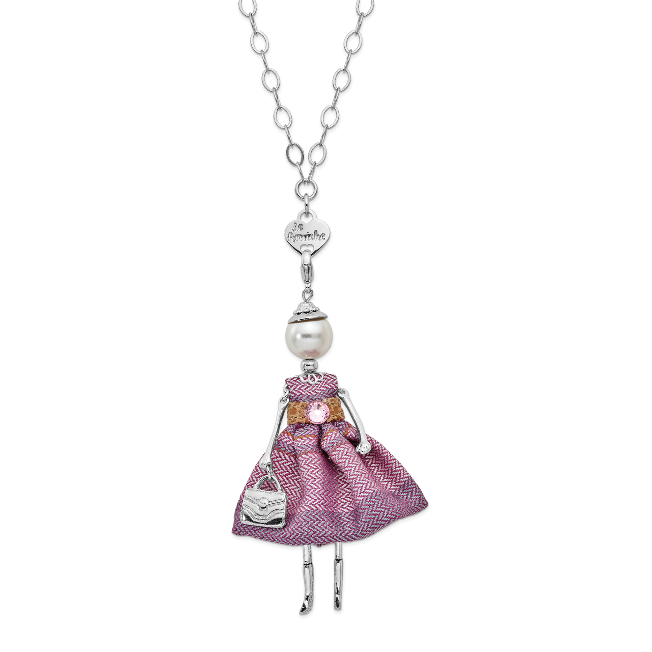 Swar Sim.Pearl Strass Crystal Chev Doll Charm with Chain Le Amiche Silver-tone by Jere