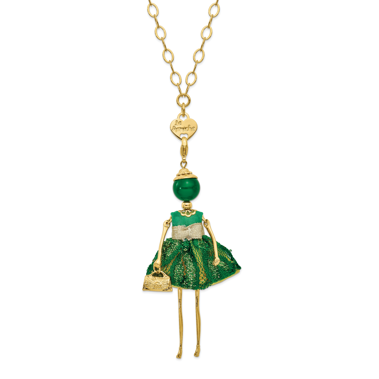 Jade Green and Yellow Lace Doll Charm with Chain Le Amiche Gold-tone by Jere, MPN: JDN125-31,