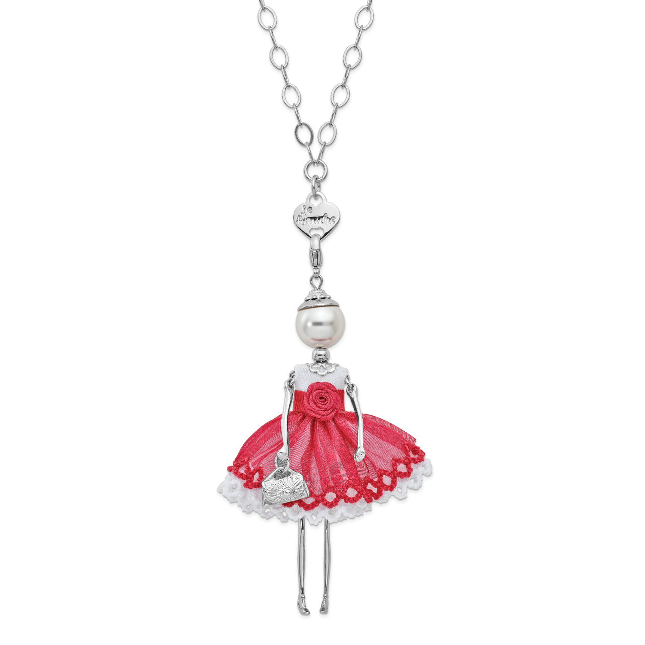 Swar Sim.Pearl Red Rose Doll Charm with Chain Le Amiche Silver-tone by Jere, MPN: JDN126-31,