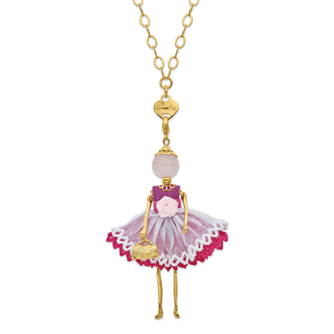 Pink Jade Dark Pink and White Doll Charm with Chain Le Amiche Gold-tone by Jere, MPN: JDN127-31,