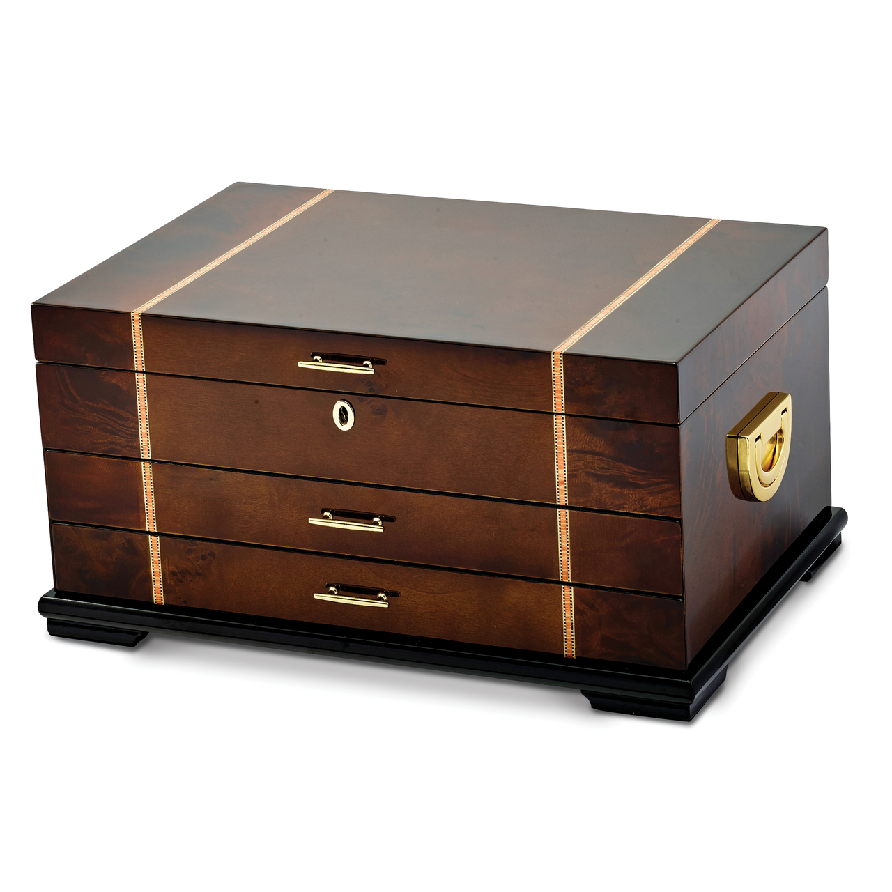 High Gloss Rustic Burlwood with Walnut Inlay 2-drawer Jewelry Chest by Jere