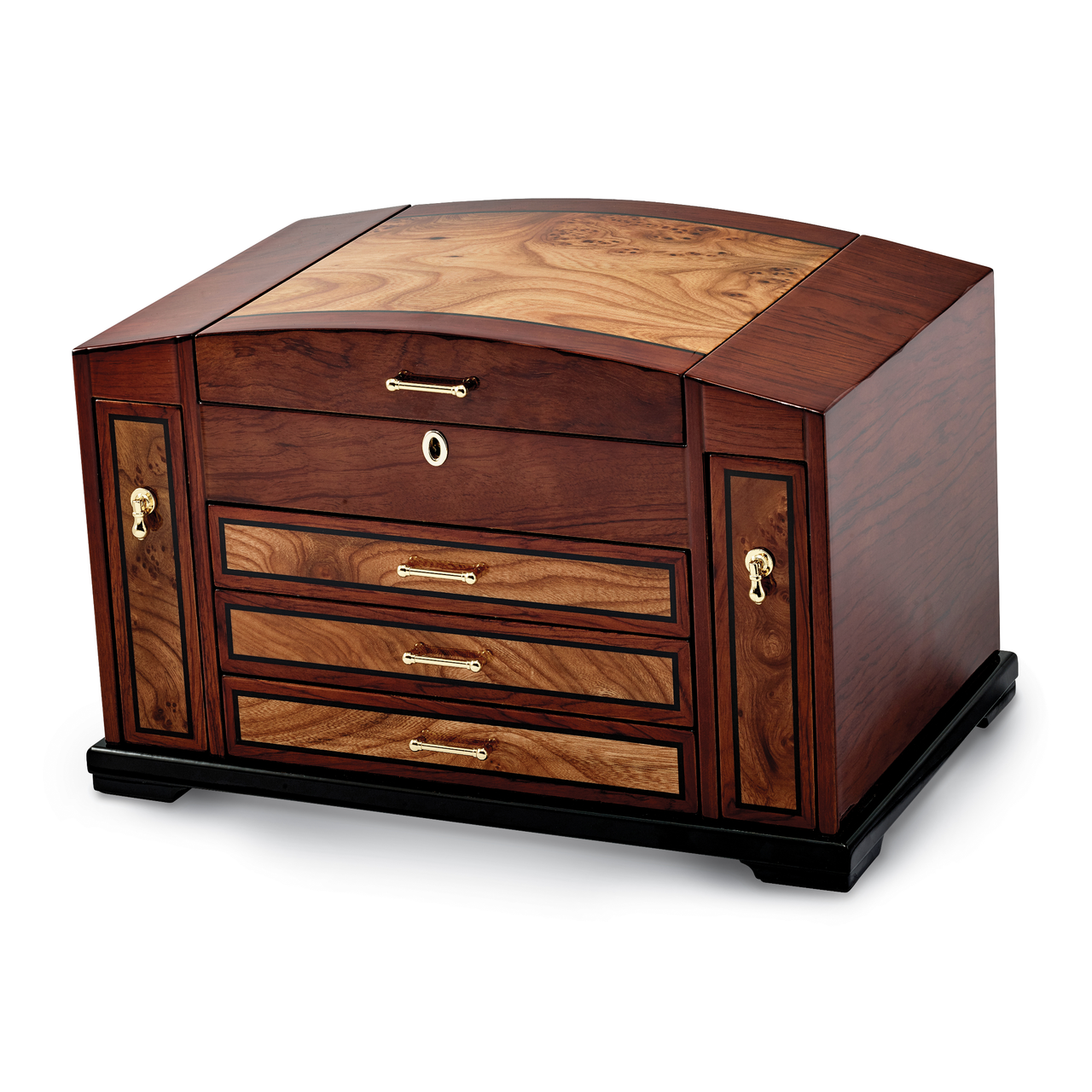 Bubinga Veneer with Elm Burl Inlay 3 Drawer with Slide-out Sides Jewelry Box by Jere
