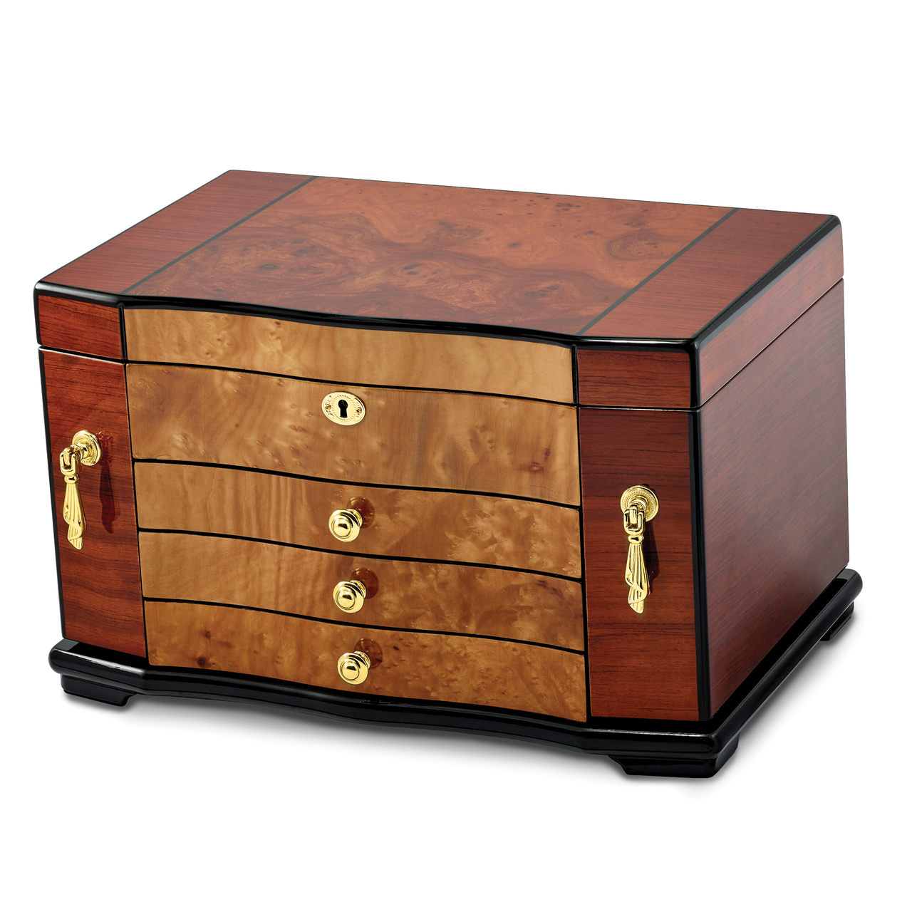 Bubinga with Elm Burl Inlay 3 Drawer with Swing-out Sides Jewelry Box by Jere