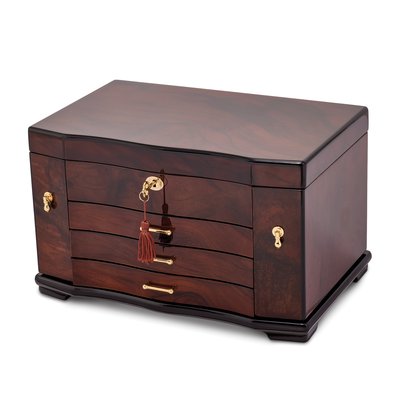 Walnut Burl Inlay 3 Drawer with Swing-out Sides Jewelry Box by Jere