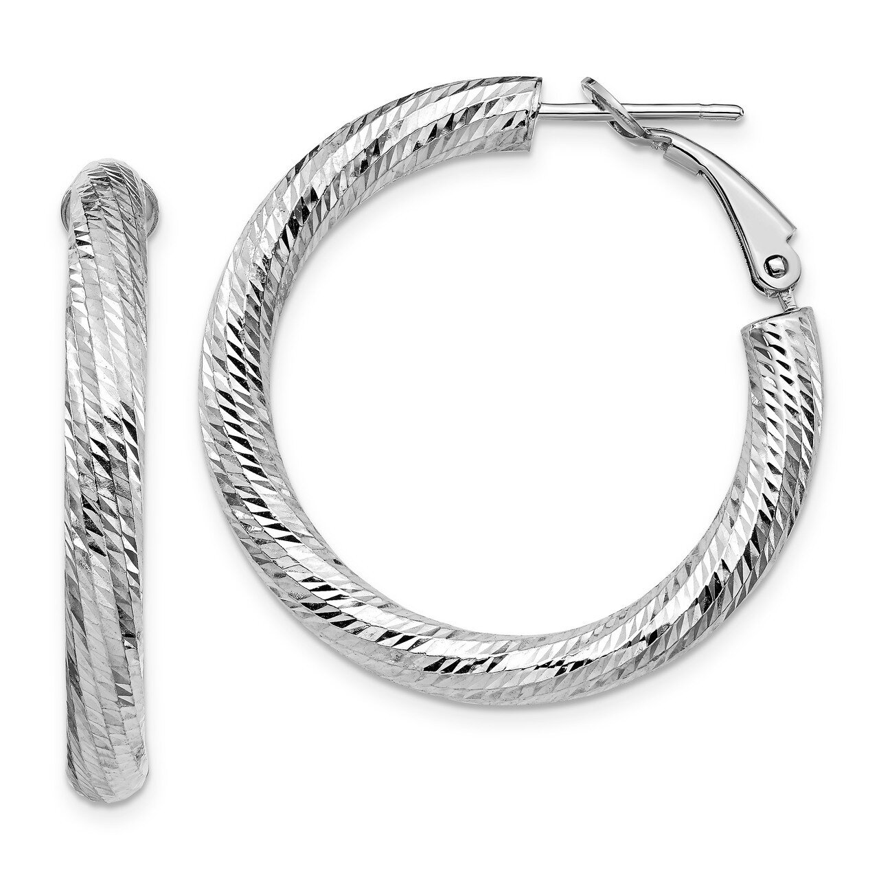 Leslie&#39;s 4x25 Round Omega Back Hoop Earrings 14k White Gold Diamond-cut HB-LE1755W, MPN: LE1755W, 8…