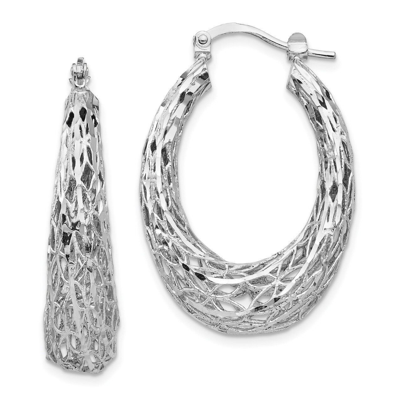 Oval Hoop Earrings Sterling Silver Polished Diamond-cut HB-QLE1252