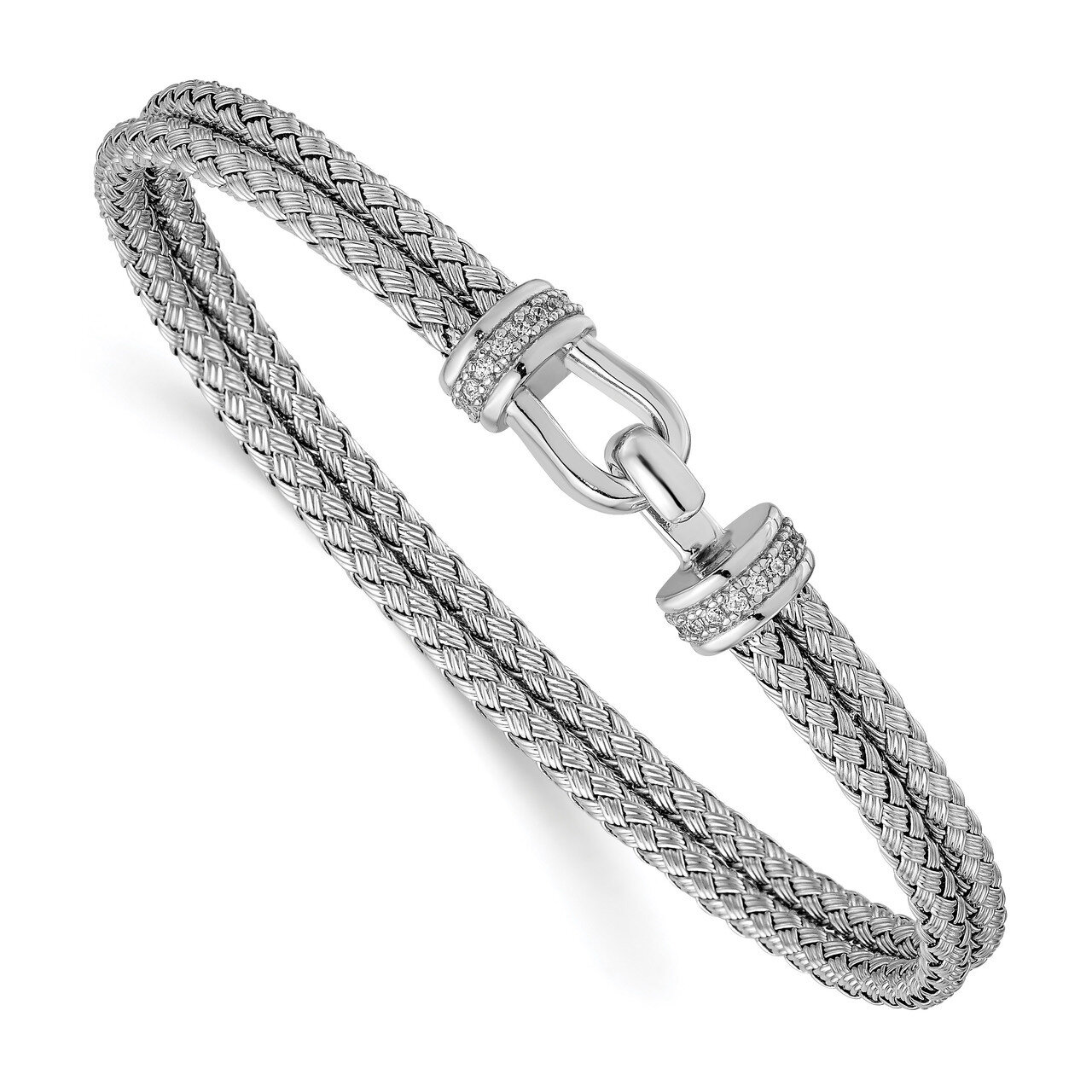 Leslie&#39;s CZ Double Woven Flexible Cuff Sterling Silver Rhodium-plated Polished HB-QLF1065, MPN: QLF…