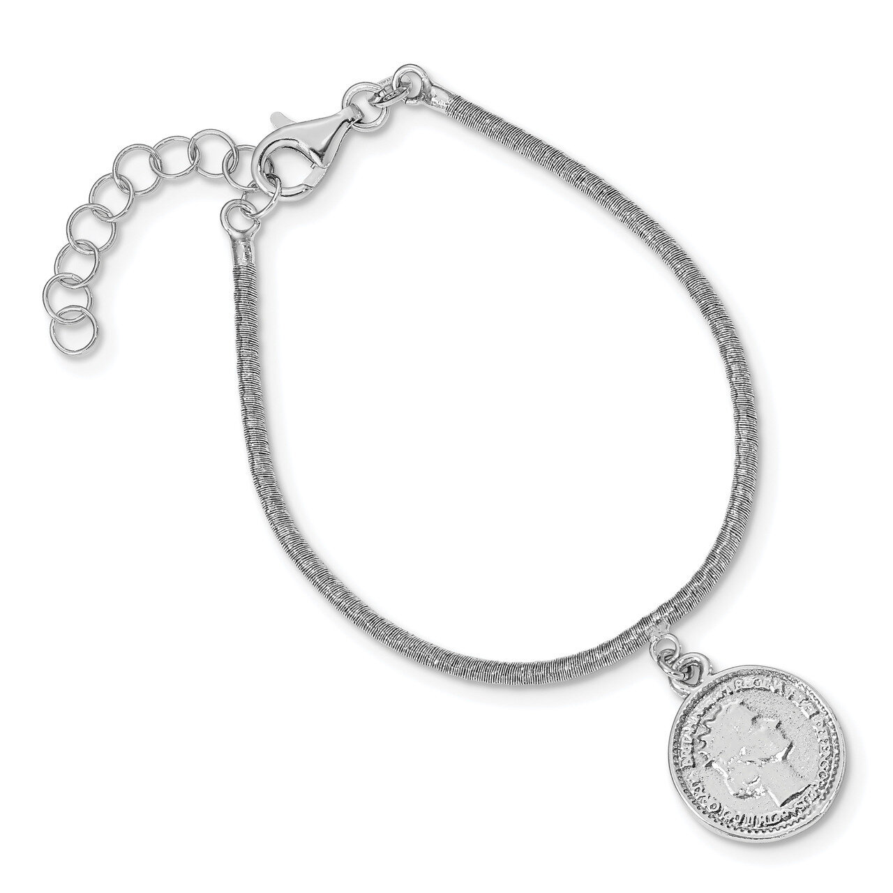 Leslie&#39;s Elizabeth II Medal with 1.5 inch extender Bracelet Sterling Silver Rhodium Plated HB-QLF10…