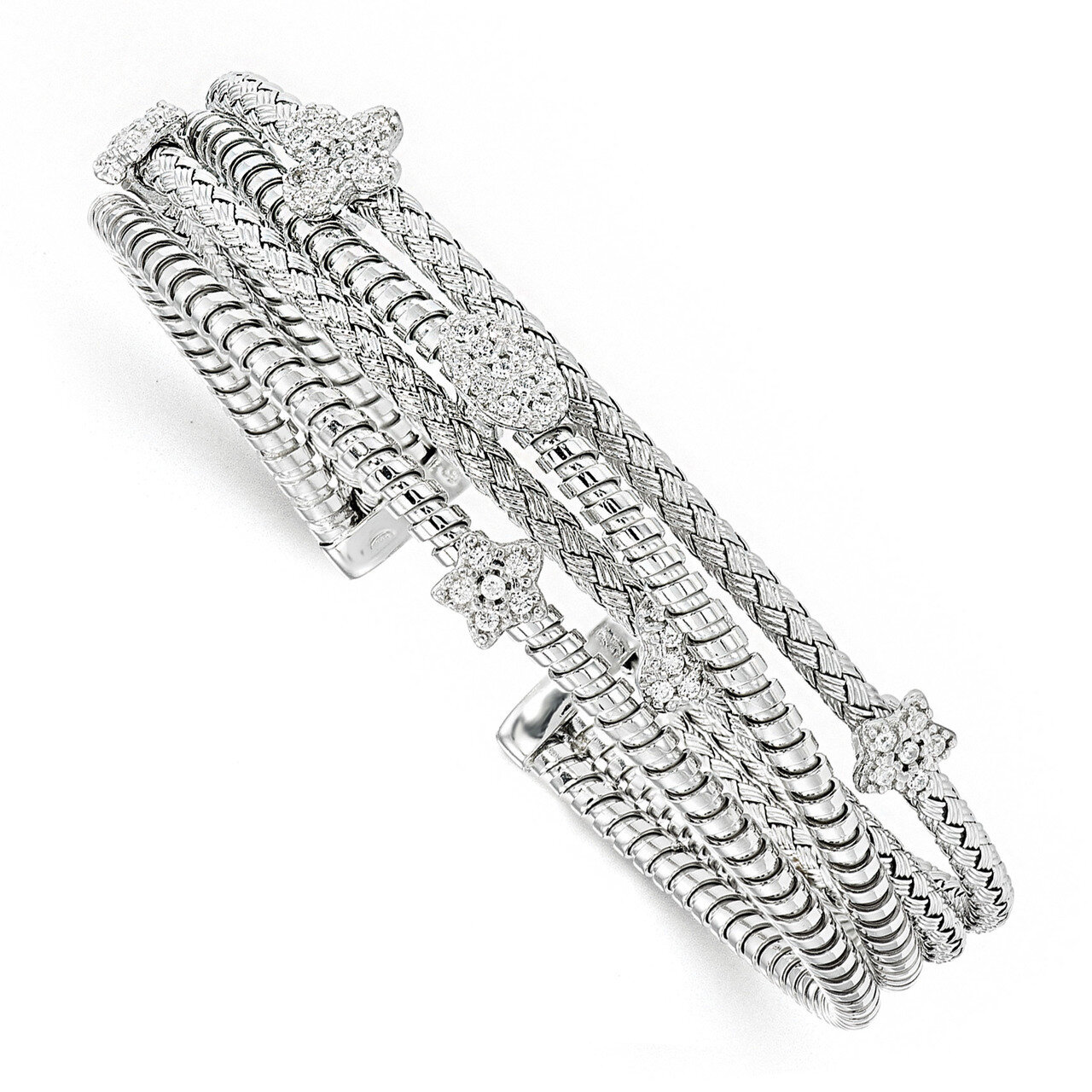 CZ Polished Textured Cuff Bangle Sterling Silver HB-QLF780