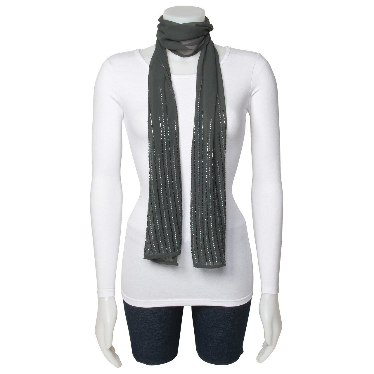 Dark Grey Beaded &amp; Sequin Woven Polyester Fashion Scarf GM13060