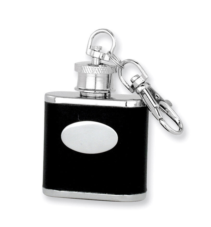 Black Faux Leather Polished 1Oz Key Ring Flask Stainless Steel GP2735