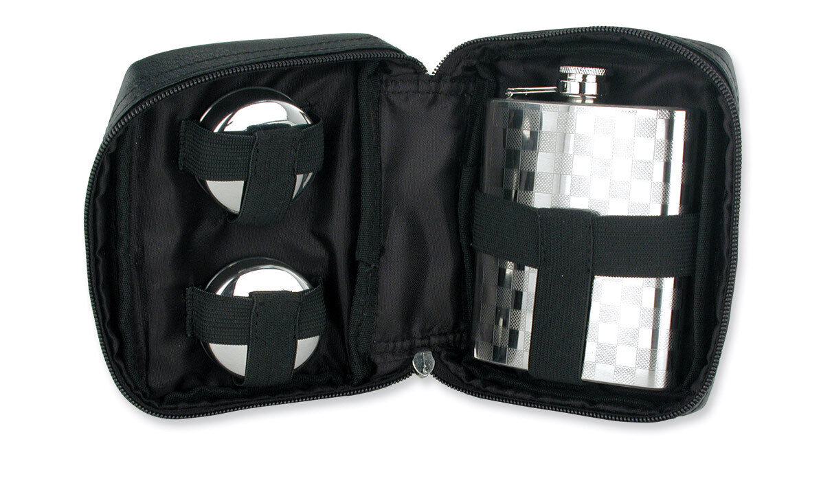 Black Faux Leather Case With Two Cups and 7Oz Checkered Flask GP2757